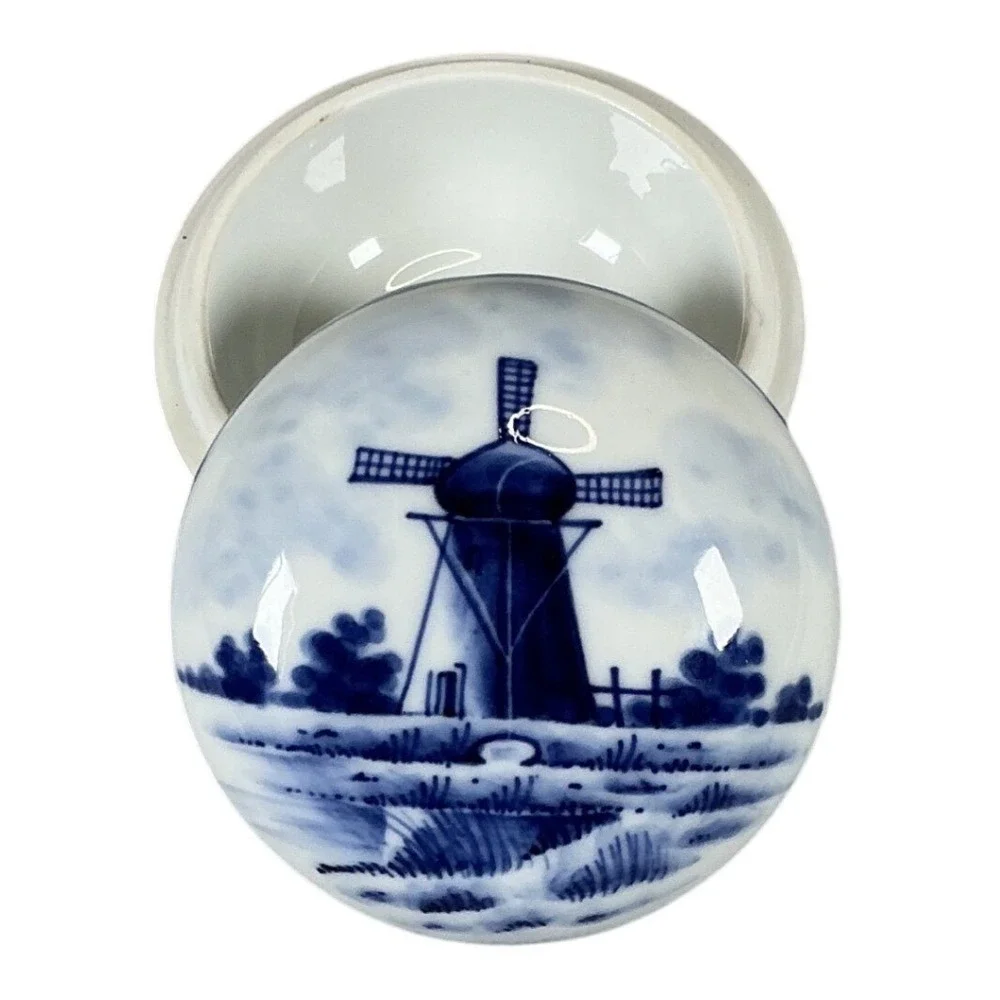 Vintage Blue White Porcelain Trinket Box Windmill‎ Germany Small Jewelry Box